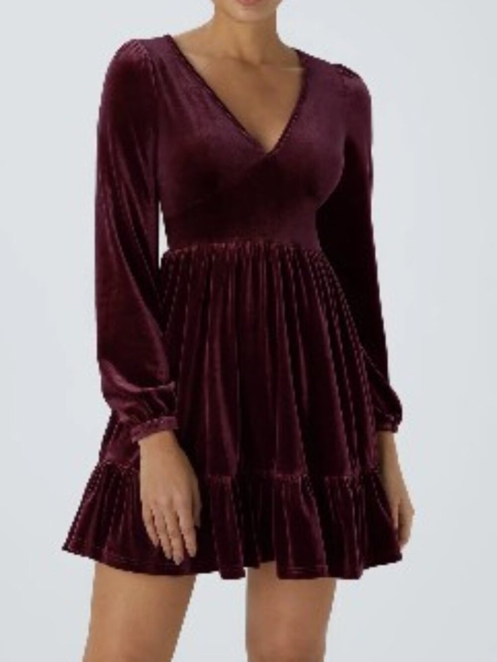 0146 Everyday Deep V Neck Long Sleeve Ruffled Hem Velvet Mini Chill Dress; Small